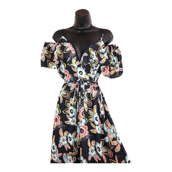 Loft Cold shoulder wrap style v-neck belted dark floral maxi dress size small - Picture 3 of 15